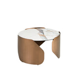 Round centre table in porcelain marble and bronze-coloured steel
