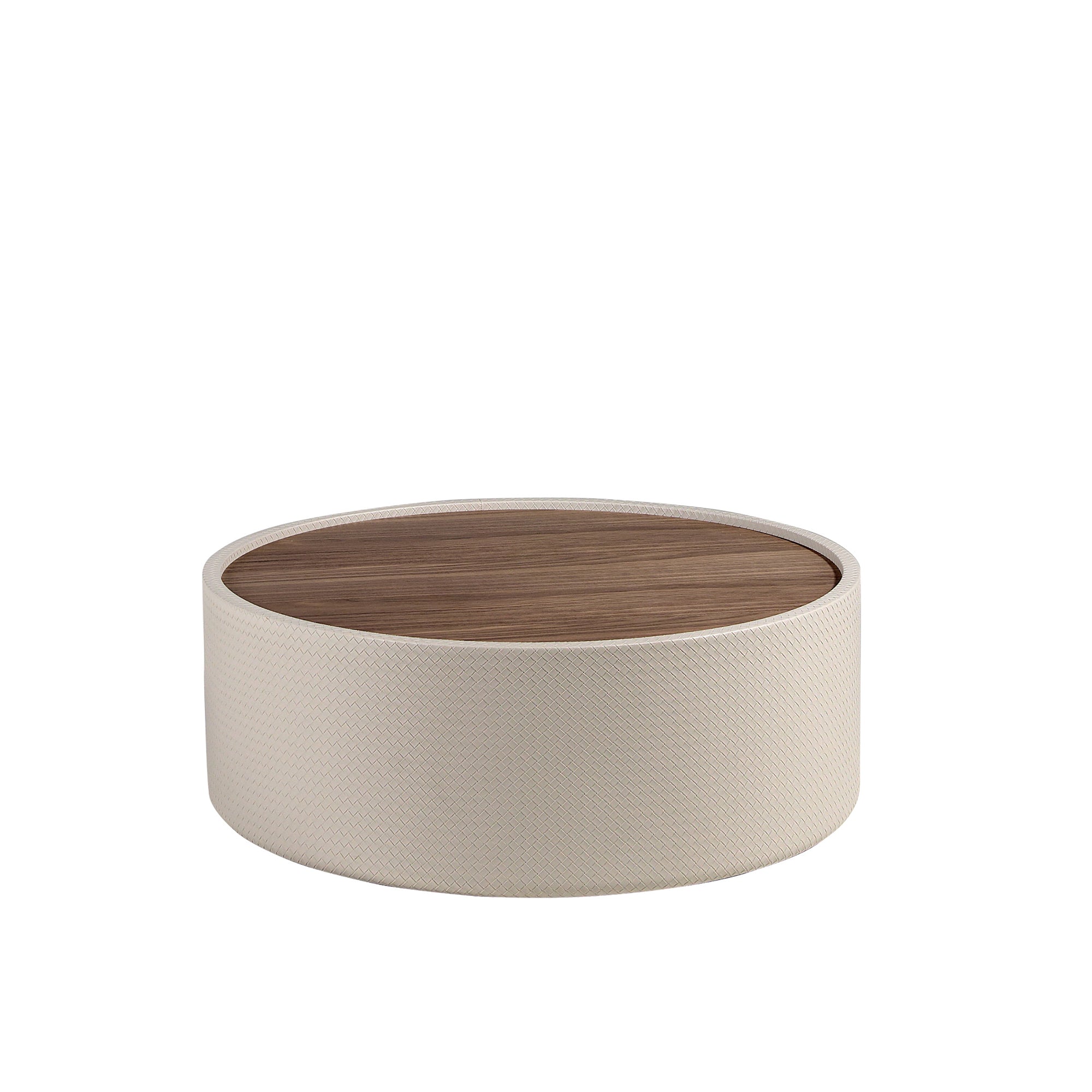 Round coffee table in walnut and wood upholstered in sand-coloured leatherette