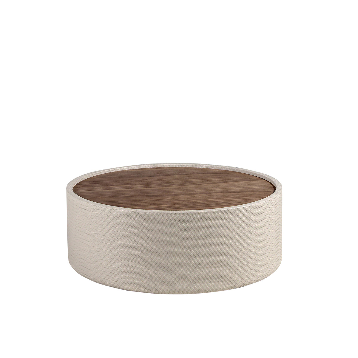Round coffee table in walnut and wood upholstered in sand-coloured leatherette