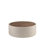 Round coffee table in walnut and wood upholstered in sand-coloured leatherette