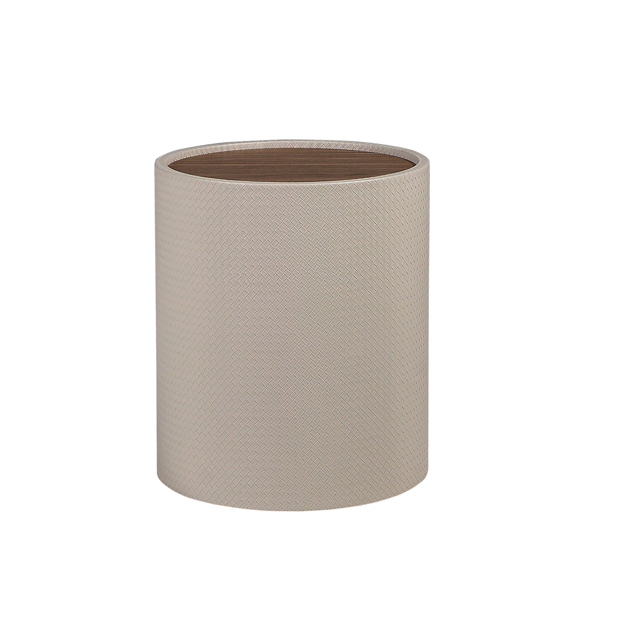 Round side table in walnut, walnut and wood upholstered in sand-coloured leatherette