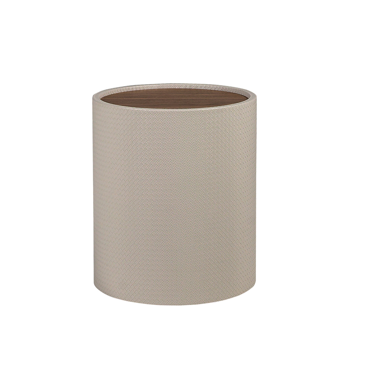Round side table in walnut, walnut and wood upholstered in sand-coloured leatherette