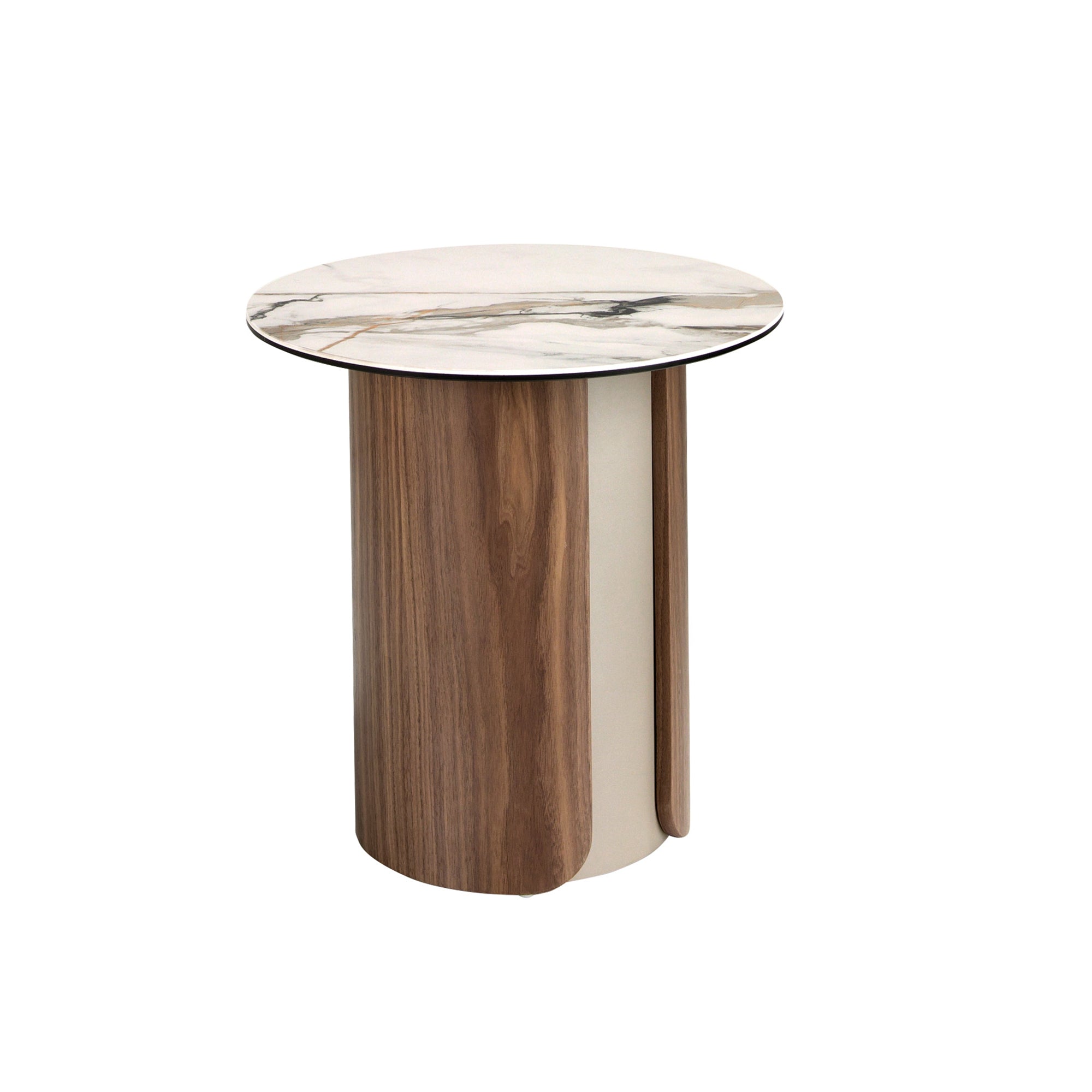 Round corner table in porcelain marble, metallic sand steel and walnut
