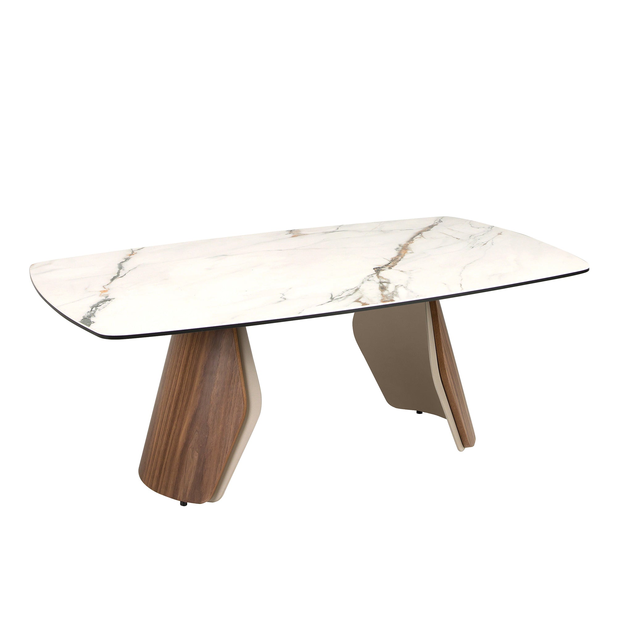 Oval barrel coffee table in porcelain marble, metallic sand steel and walnut
