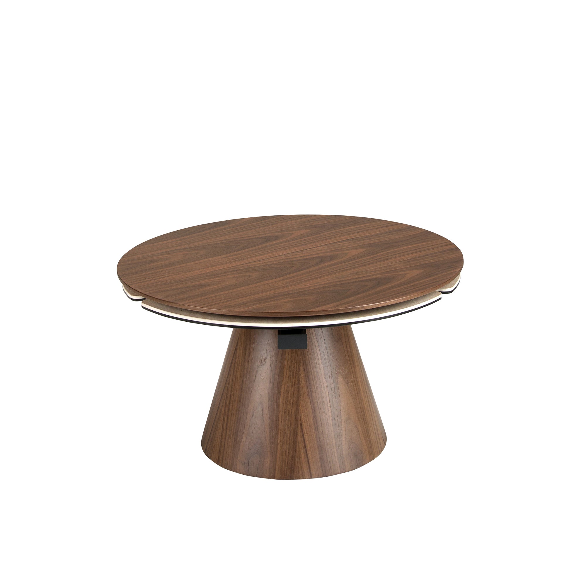 Extendable round coffee table in walnut and porcelain marble