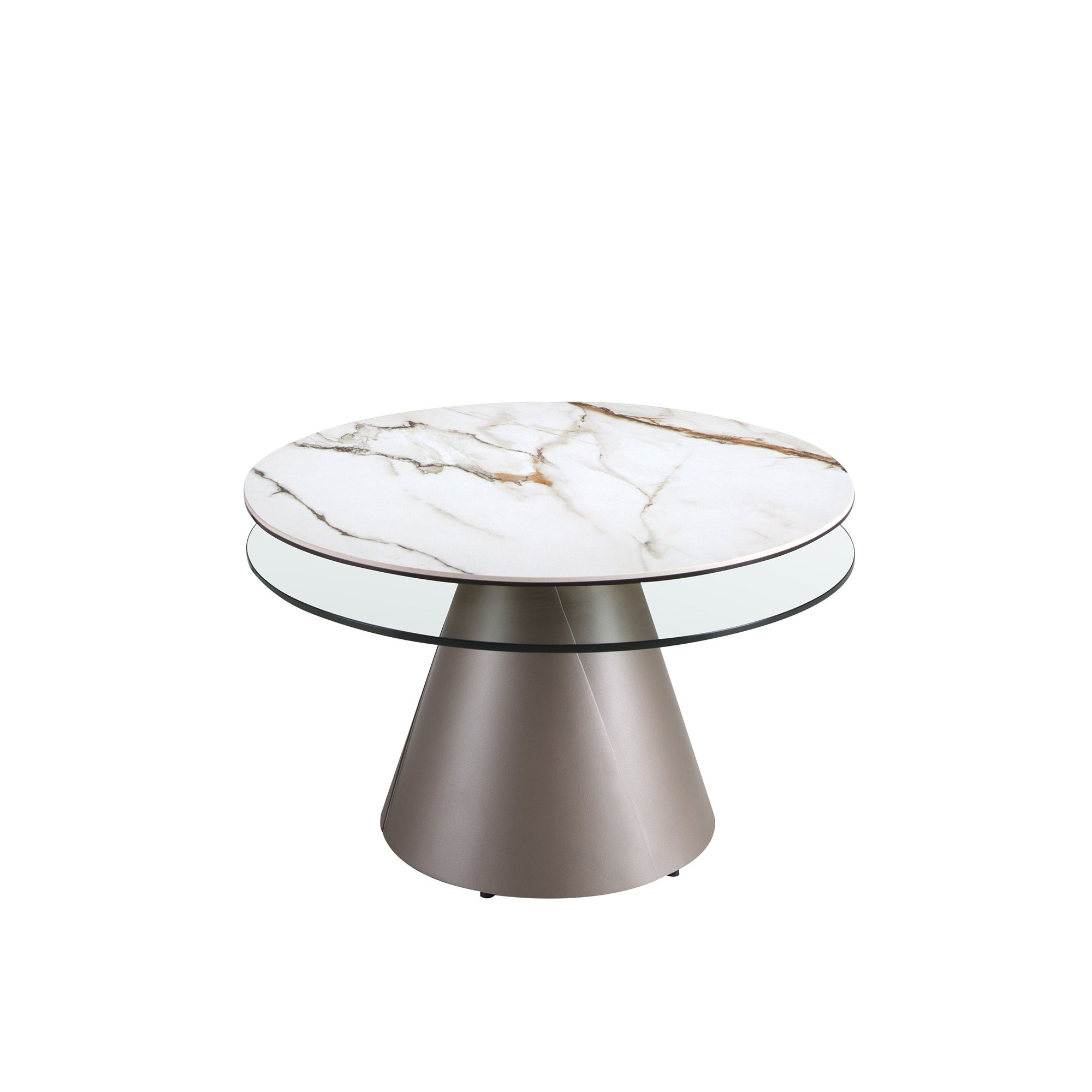 Extendable round coffee table in tempered glass, porcelain marble and silver-grey steel