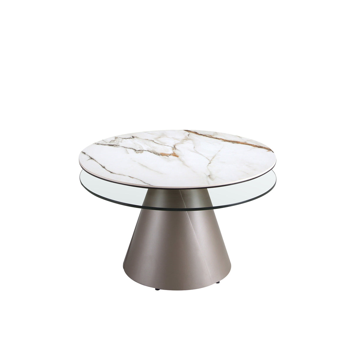 Extendable round coffee table in tempered glass, porcelain marble and silver-grey steel