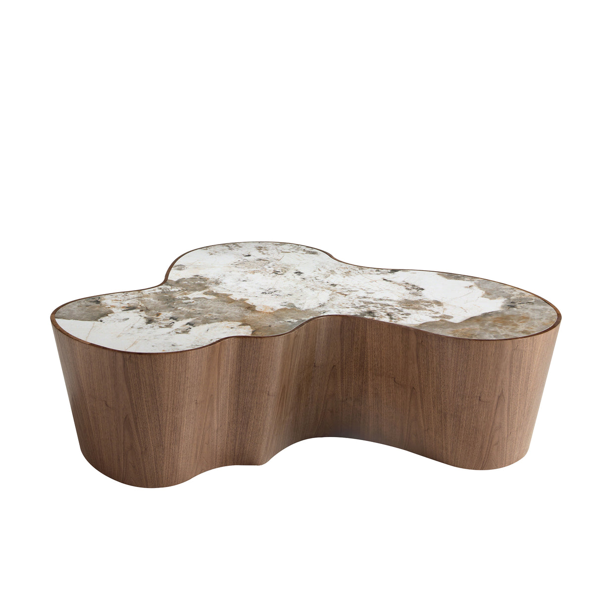 Organic-Shaped Porcelain Marble and Walnut Coffee Table