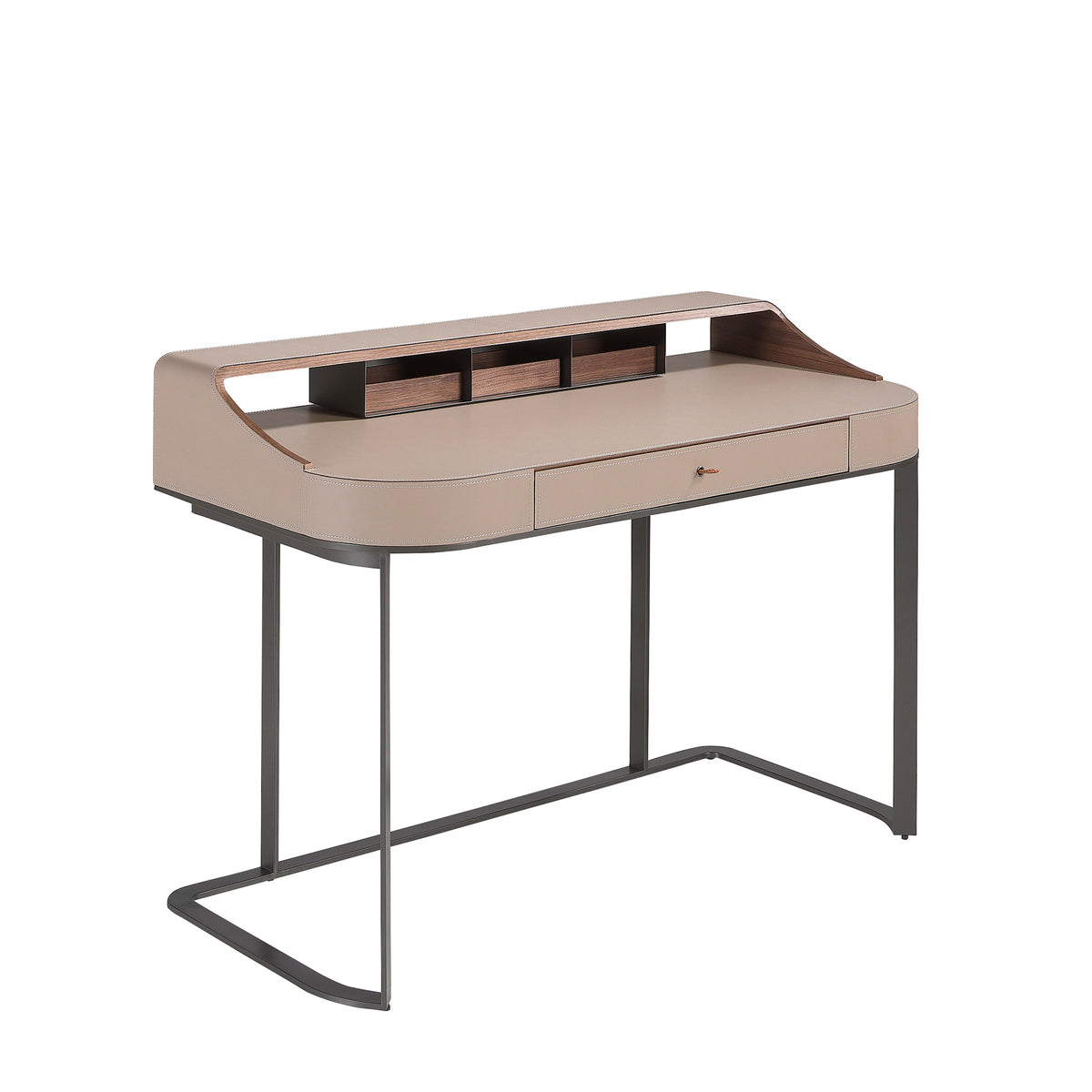 Desktop dressing table leatherette, walnut and gray steel