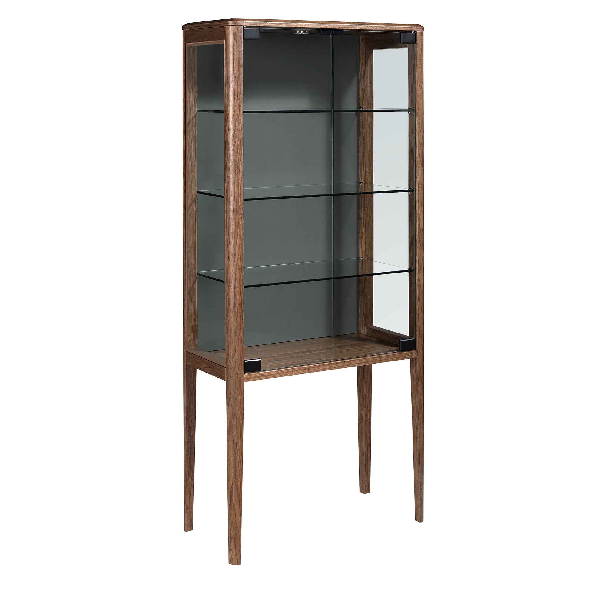 Tall sideboard in tempered glass and walnut with interior lighting