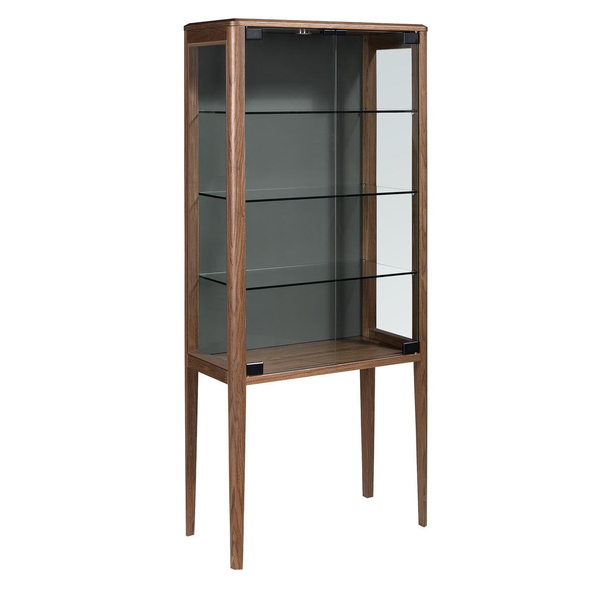 Tall sideboard in tempered glass and walnut with interior lighting