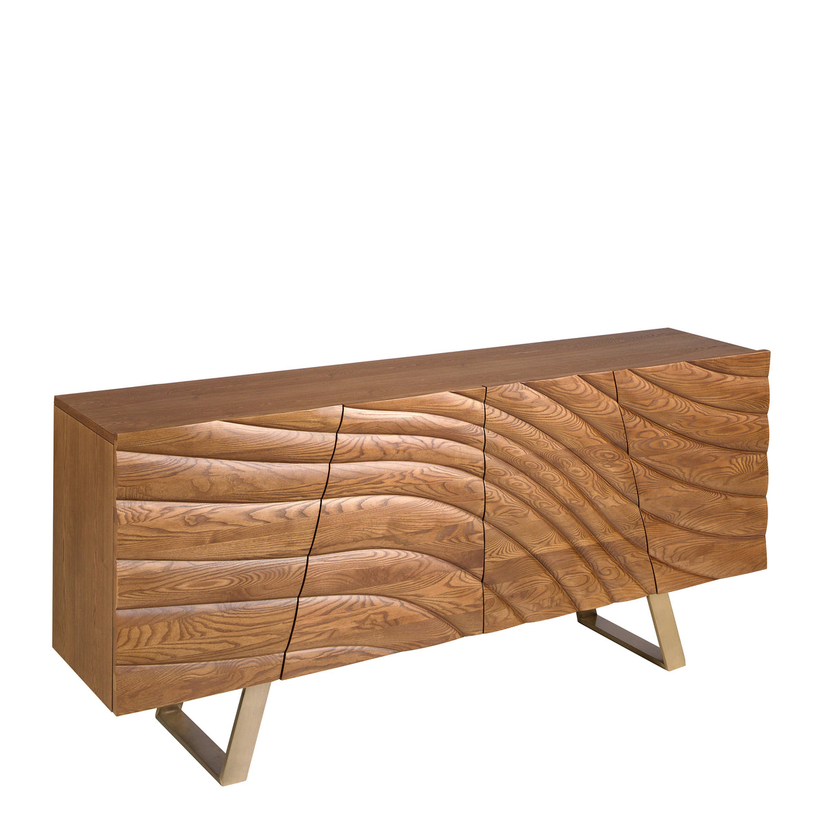Sideboard in light walnut and polished gold-coloured steel