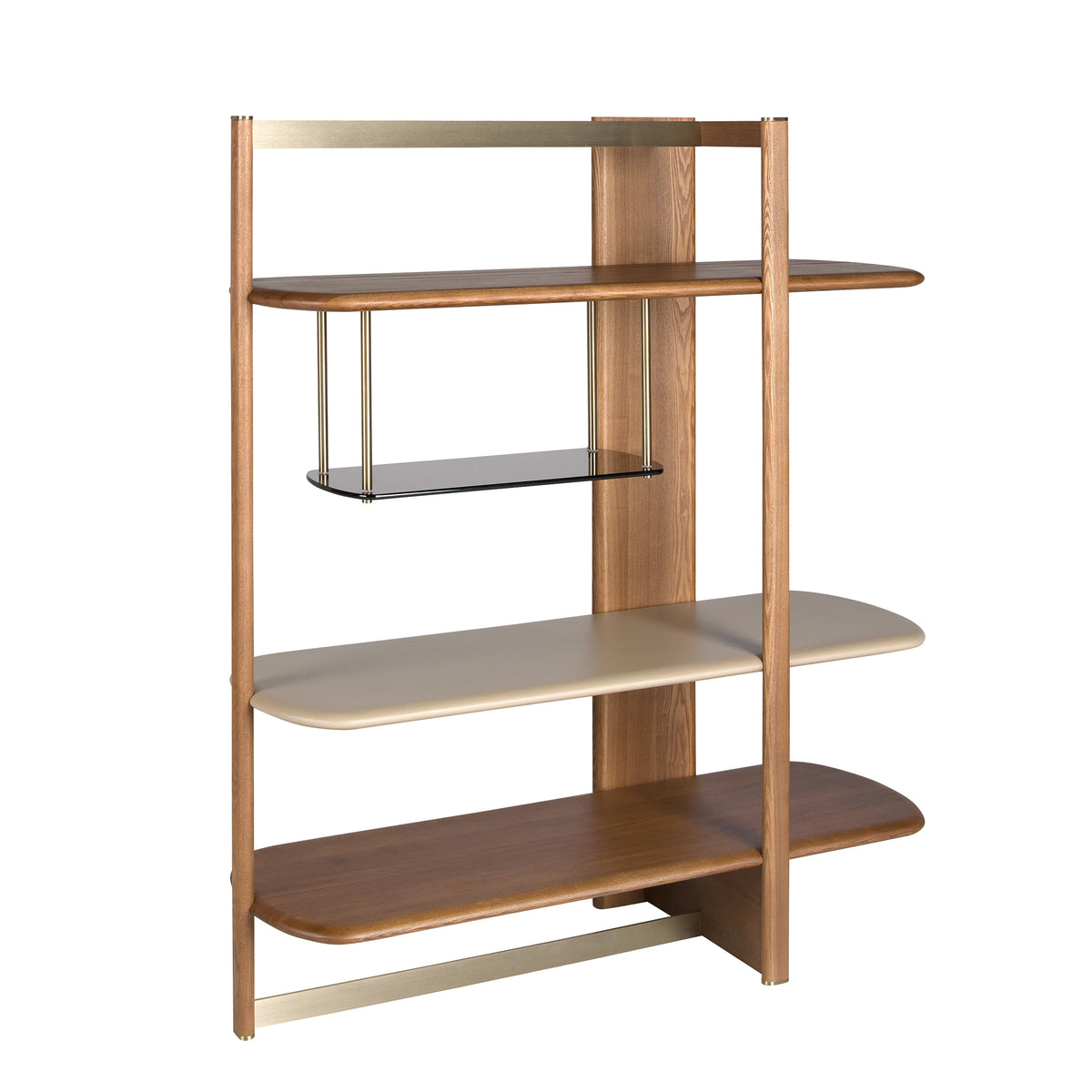 Right rectangular shelving unit in light walnut and greige-coloured wood