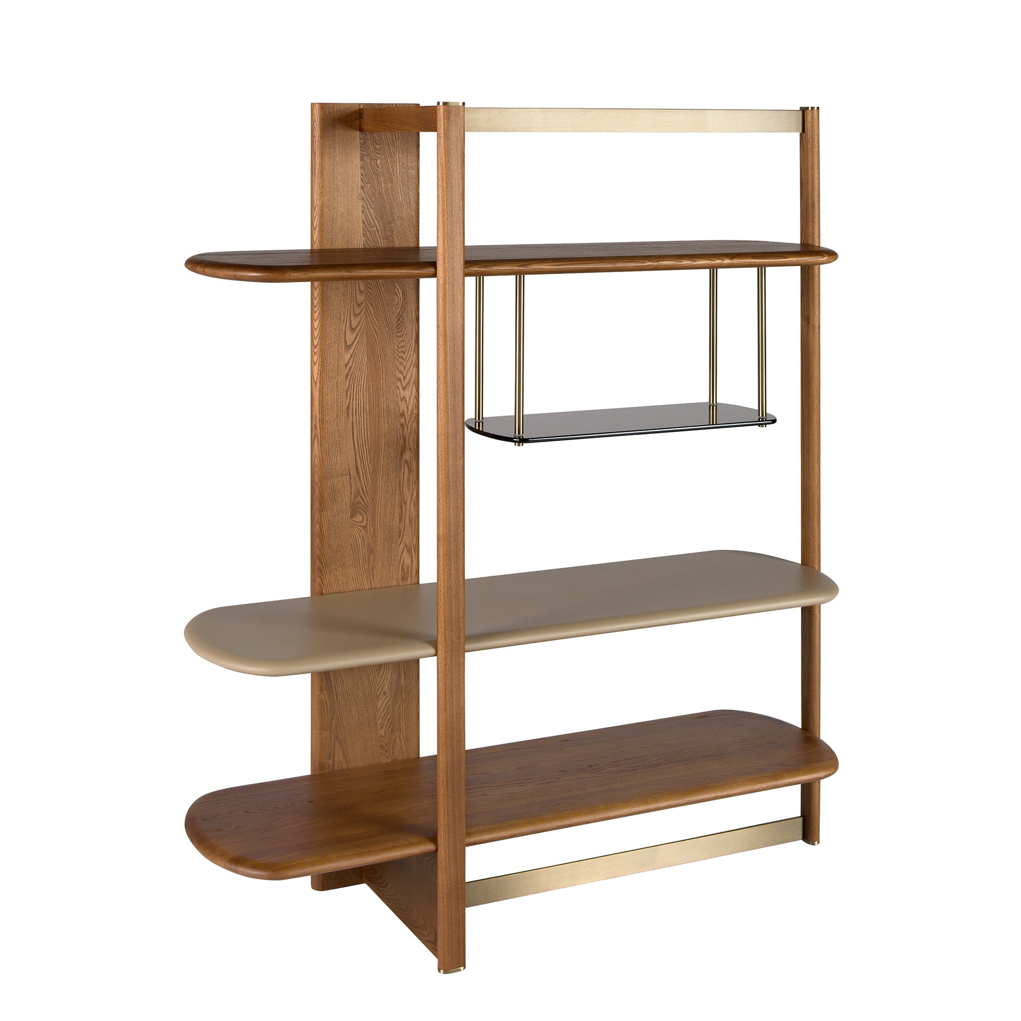 Left rectangular shelving unit in light walnut and greige-coloured wood