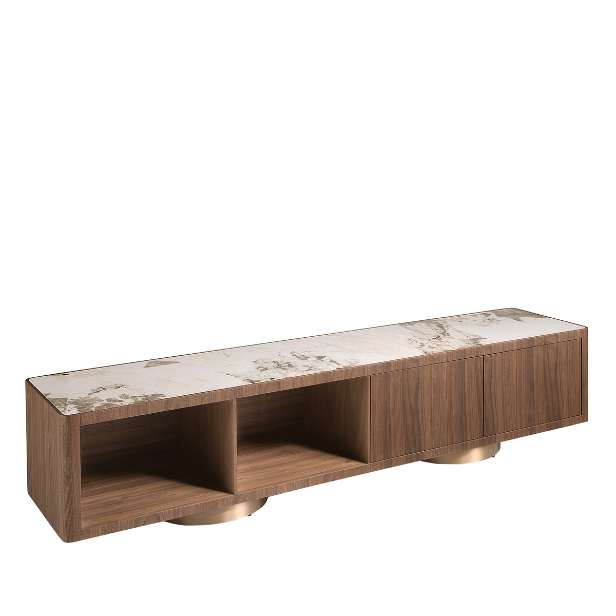 TV unit in walnut, polished gold steel and porcelain marble top