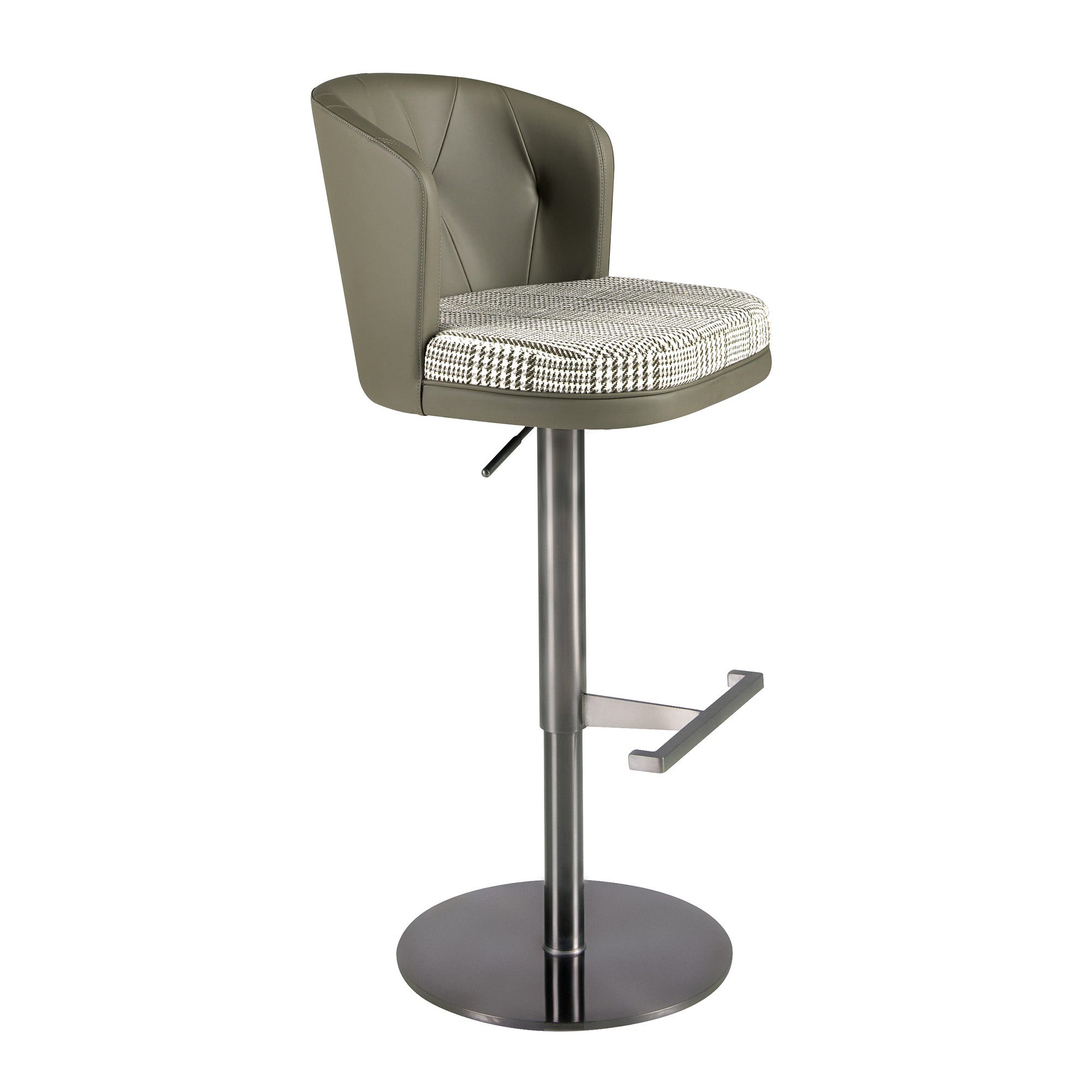 Swivel stool in dark green and white fabric and olive green leatherette