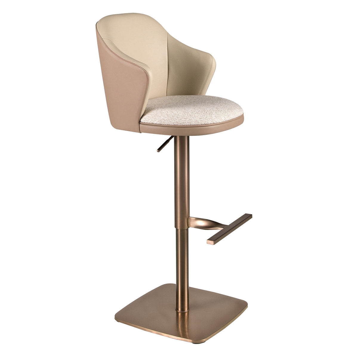 Swivel stool in cream marbled fabric and brown leatherette
