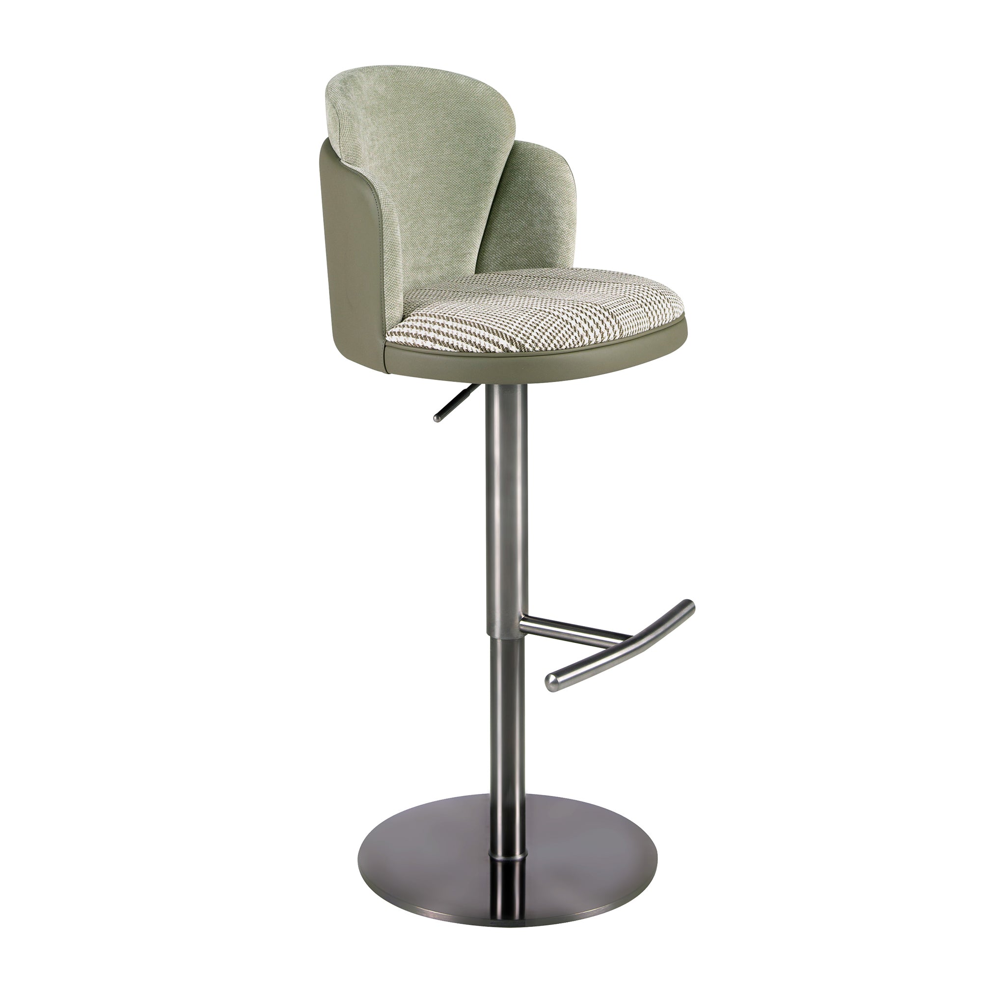 Swivel stool in dark green and white fabric and olive green leatherette