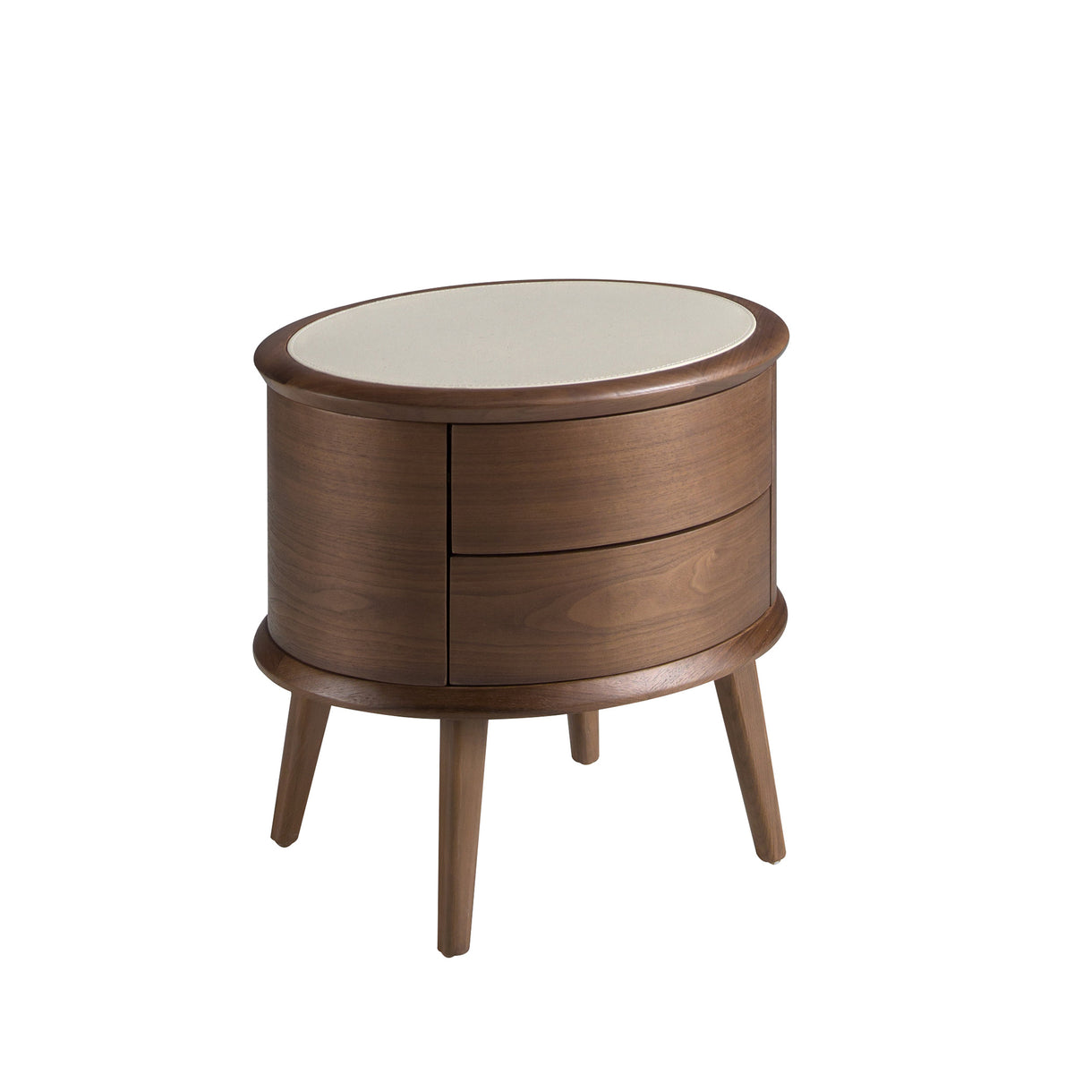 Walnut bedside table with cream-coloured leather top