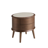 Walnut bedside table with cream-coloured leather top