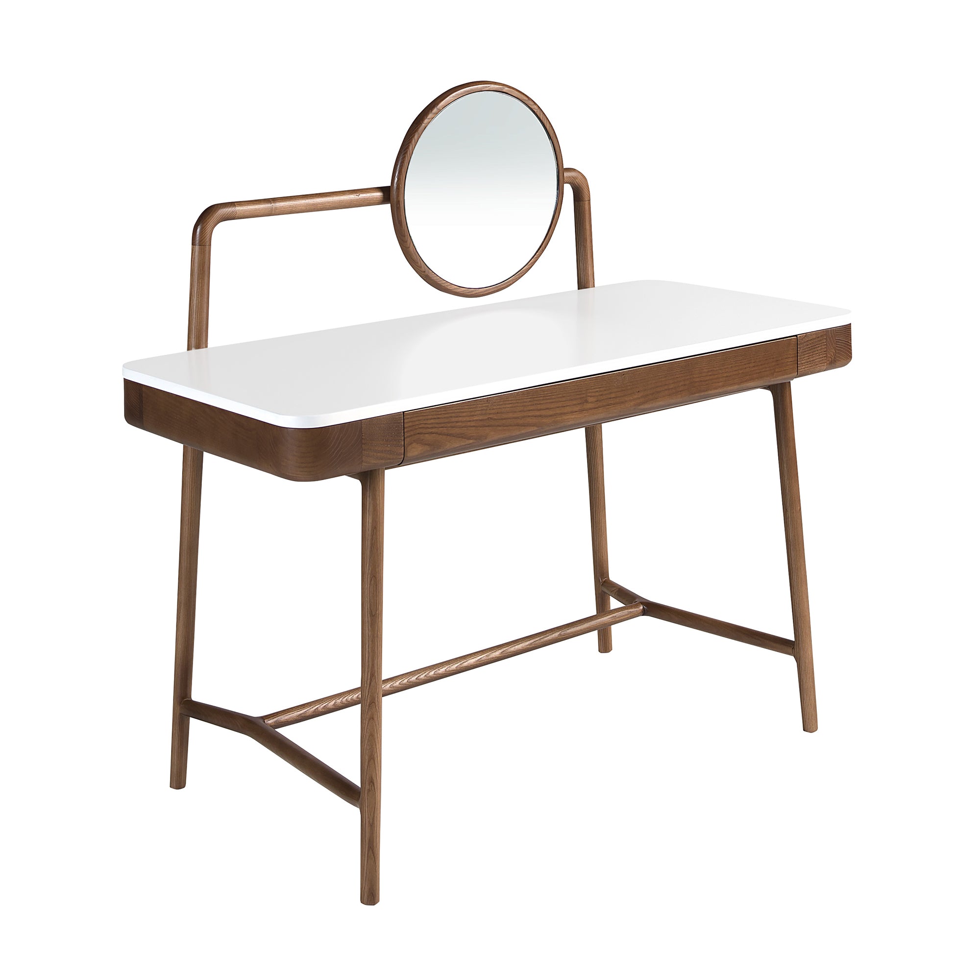 Walnut dressing desk with white wooden top and mirror
