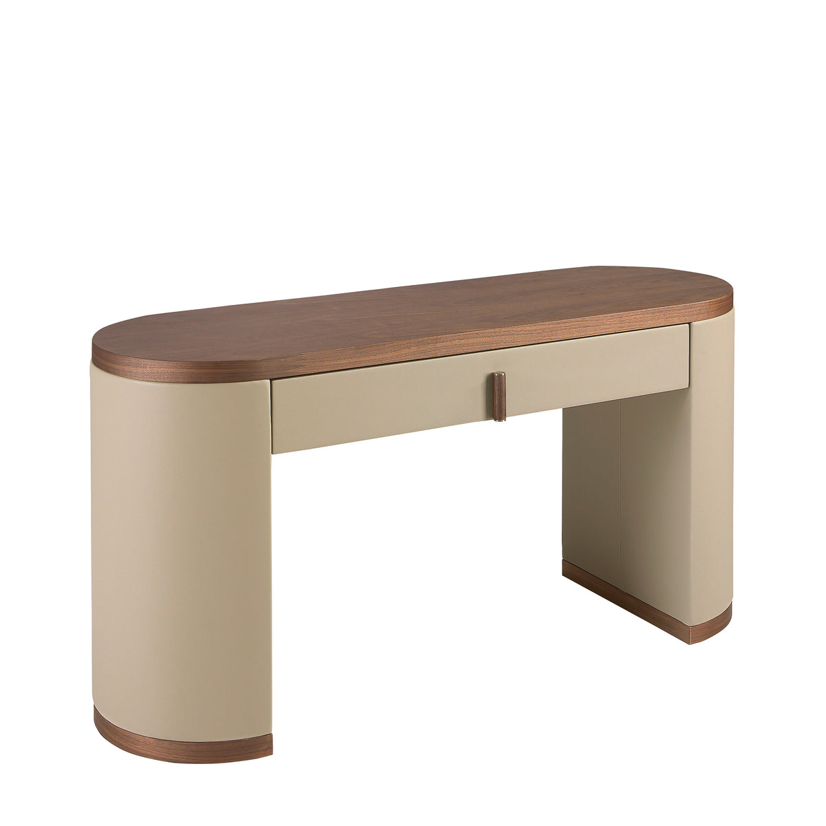Dressing desk in faux leather, walnut and wood upholstered in mink-colored faux leather