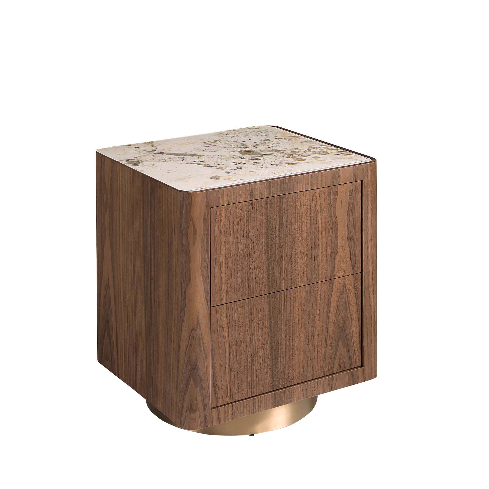 Bedside table in walnut, polished gold steel and porcelain marble top