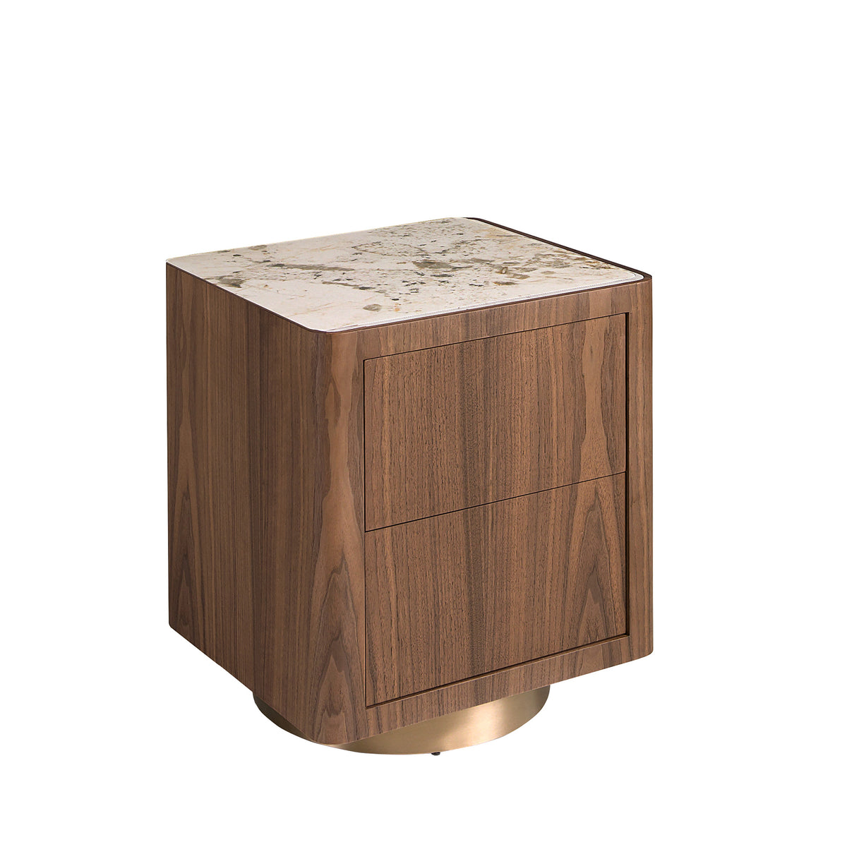 Bedside table in walnut, polished gold steel and porcelain marble top