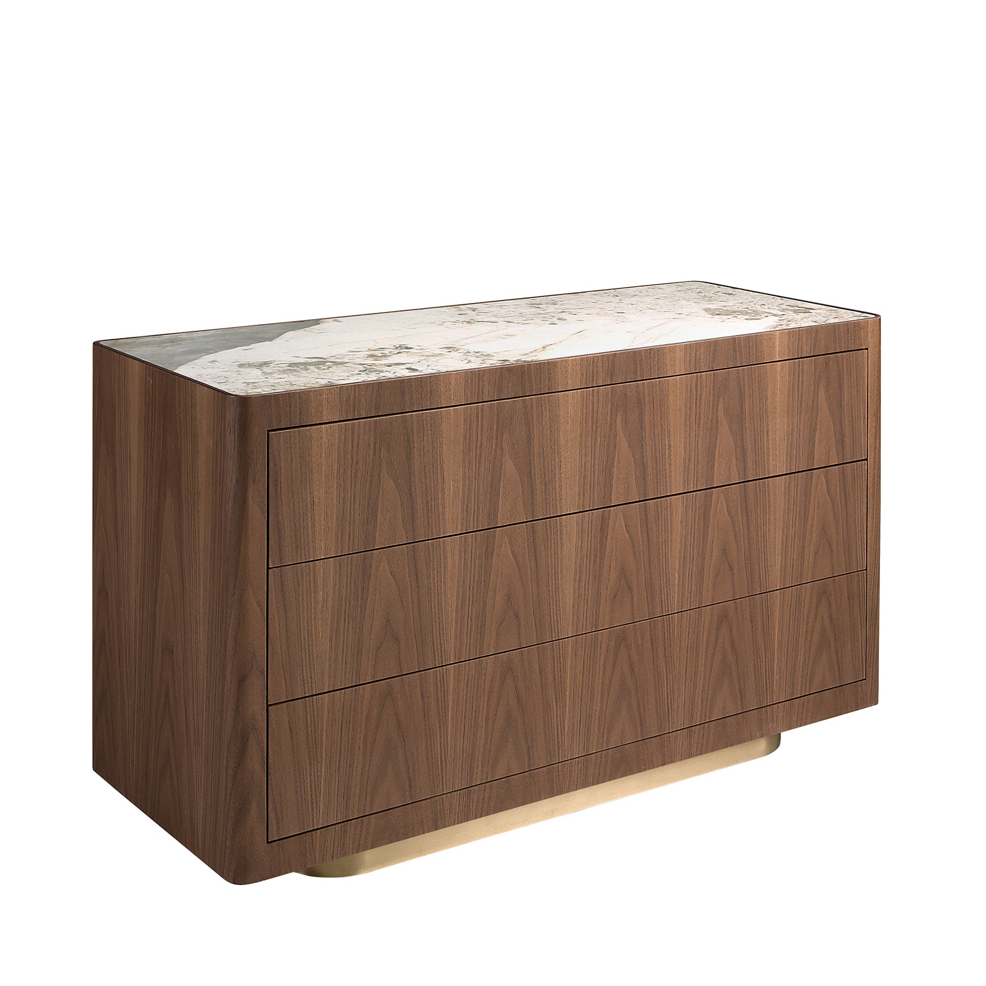 Chest of drawers in walnut, polished gold steel and porcelain marble top