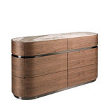 Chest of drawers in walnut, darkened steel base and porcelain marble top