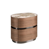 Bedside table in walnut, darkened steel base and porcelain marble top