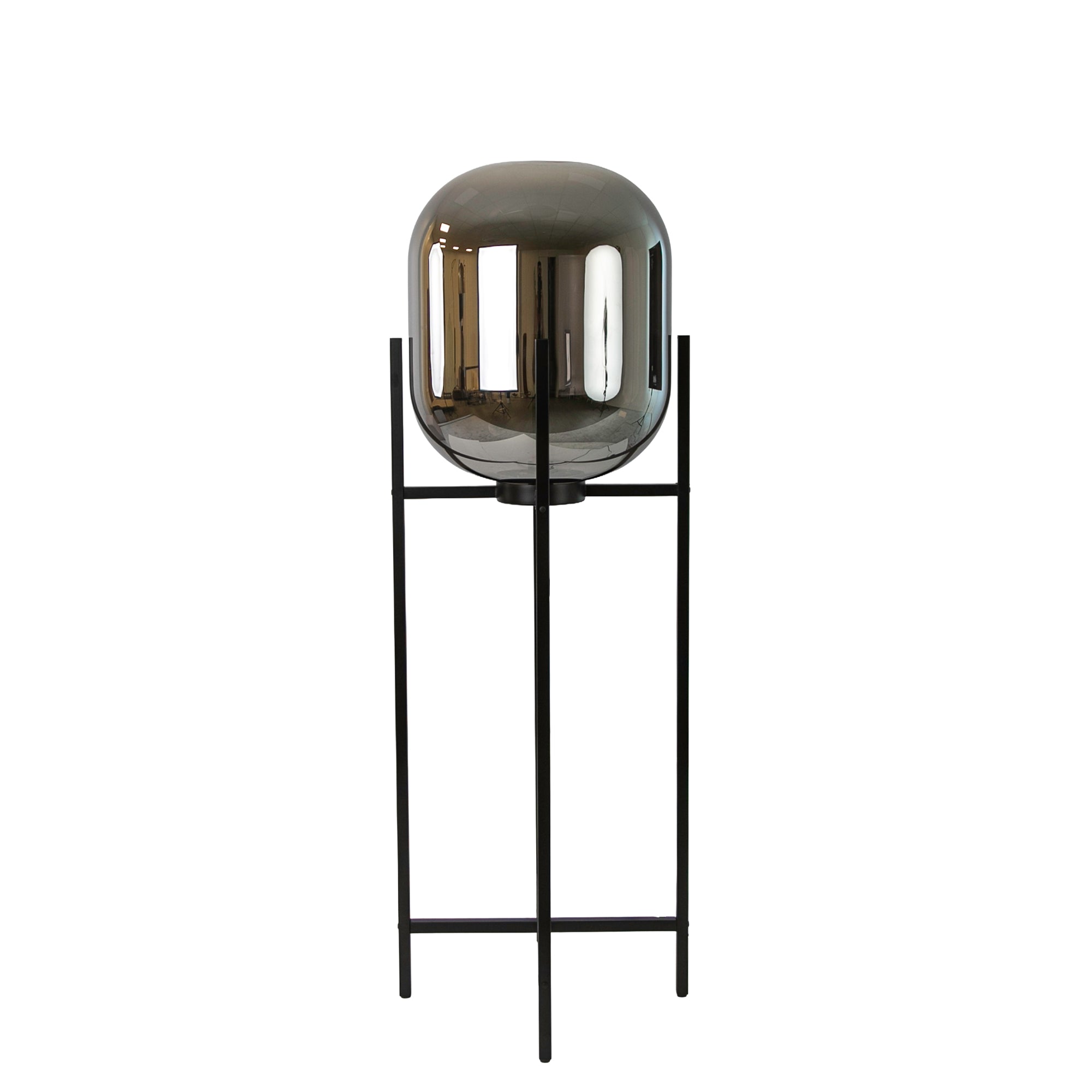 Floor lamp in grey smoked mirror-effect glass and black steel