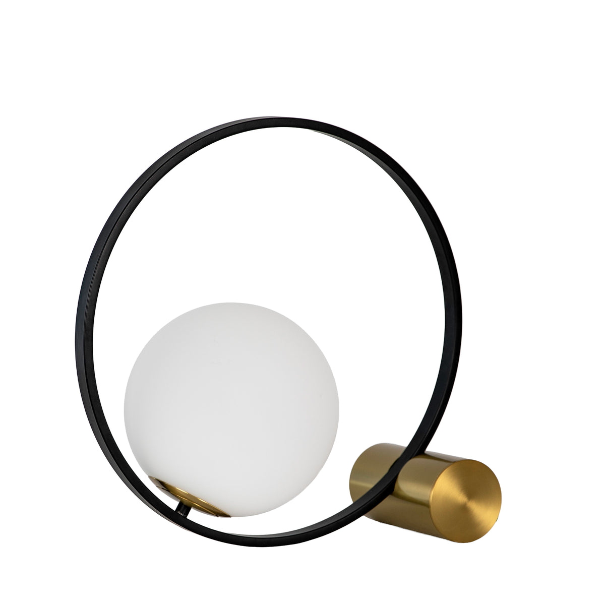 White glass and black steel table lamp with polished gold steel base