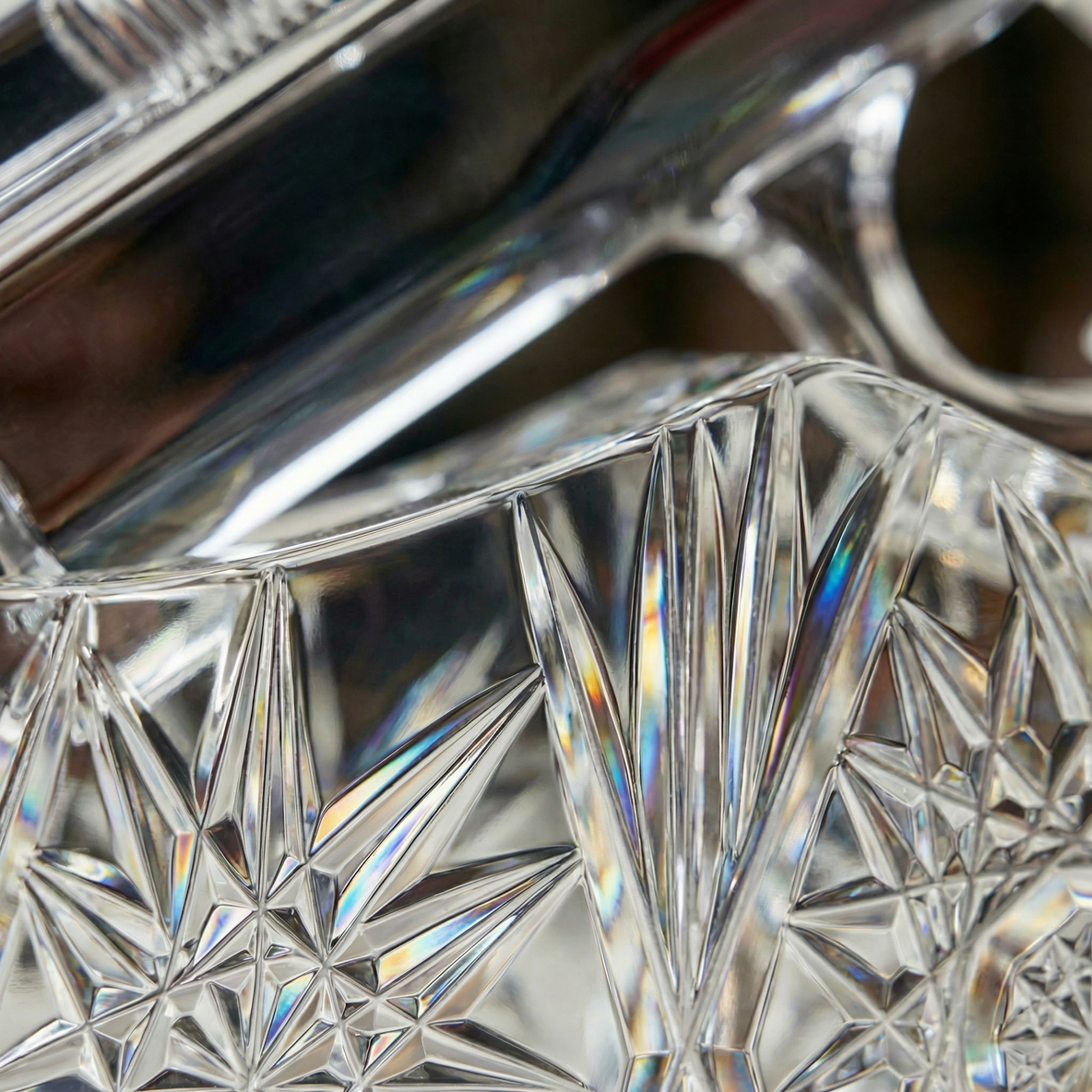 Macro close-up of the hand-engraved crystal detailing