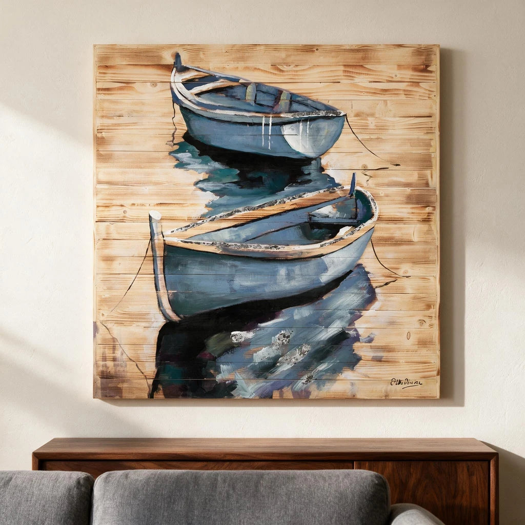 Moored Boats — Painting on Wood with Silver Leaf · 100×100 cm