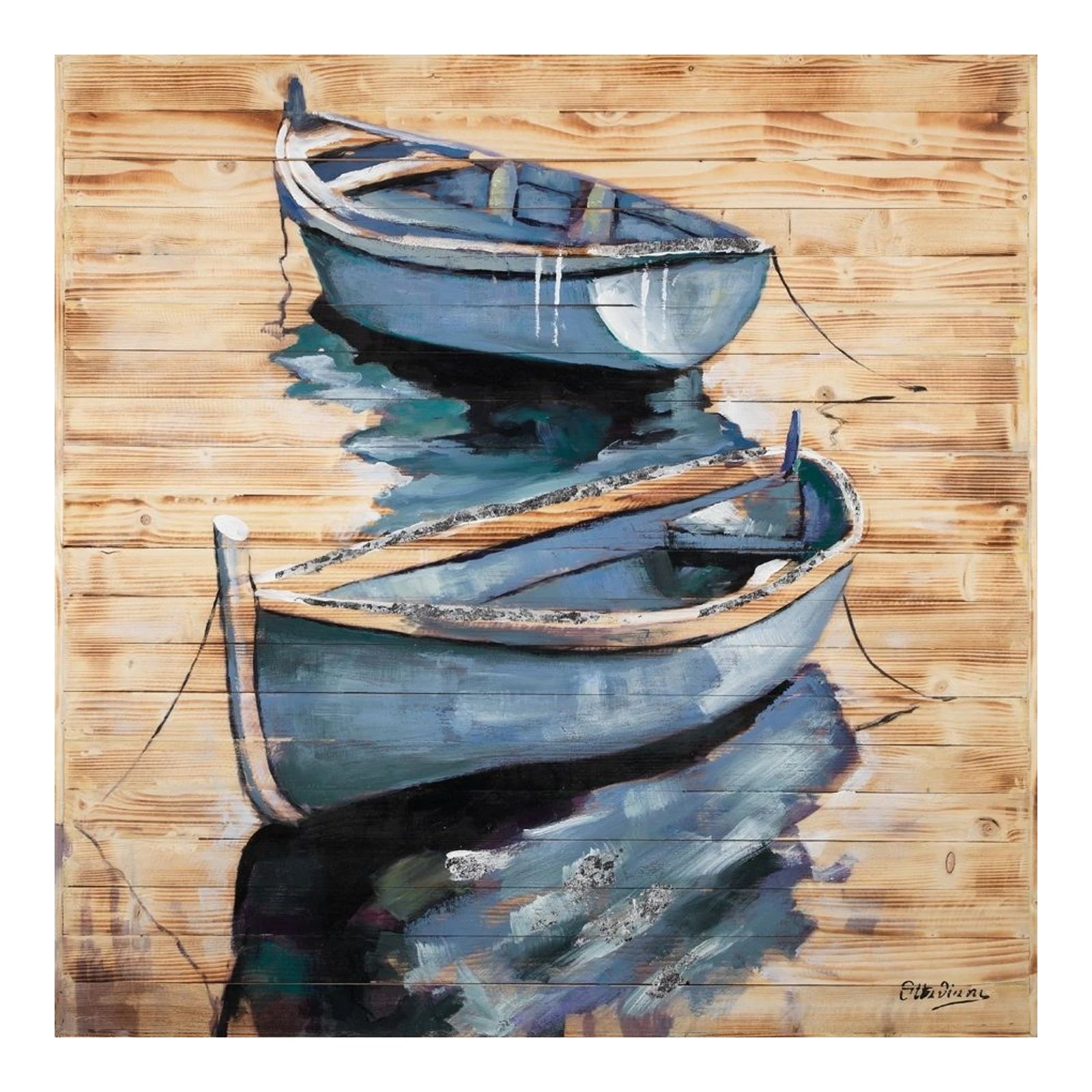 Moored Boats — Painting on Wood with Silver Leaf · 100×100 cm