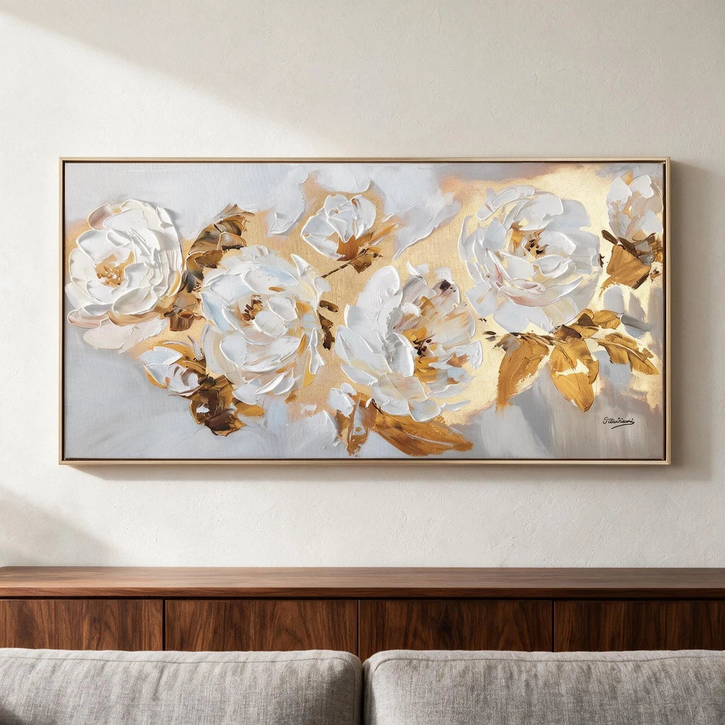 Gold Peonies — Painting on Canvas, Framed · 120×60 cm