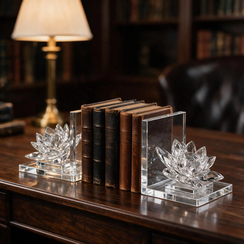 Crystal Bookends with Lotus — Pair