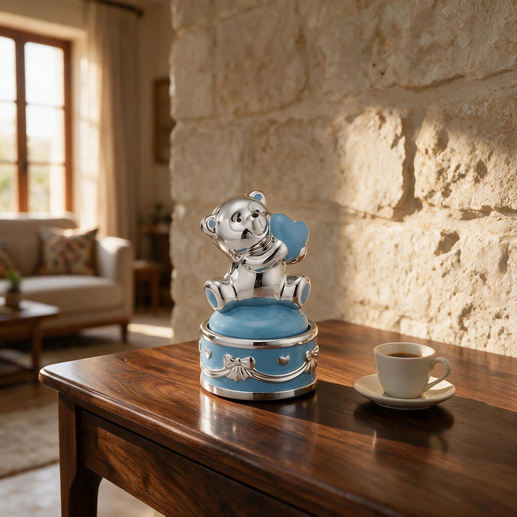 Teddy Bear Music Box — Blue · 8.5×8.5×14 cm