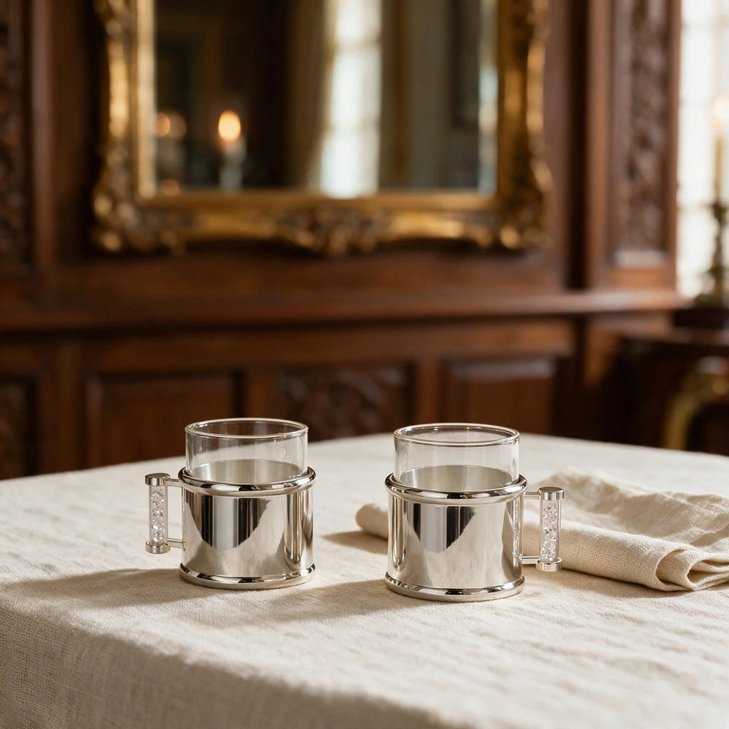 Coffee Cup Set of Two — Silver Metal and Crystal