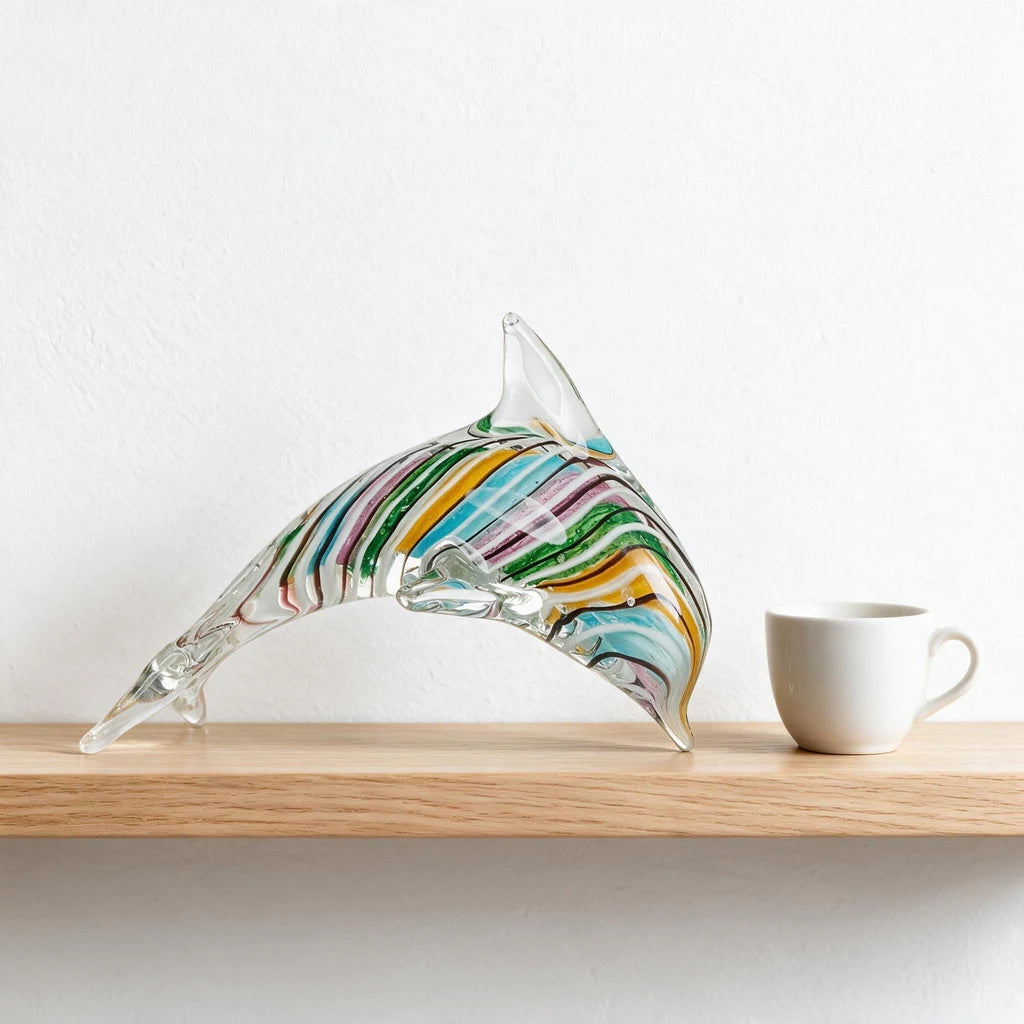 Leaping Dolphin Figurine — Hand-Worked Coloured Crystal · 16.3×11.5 cm