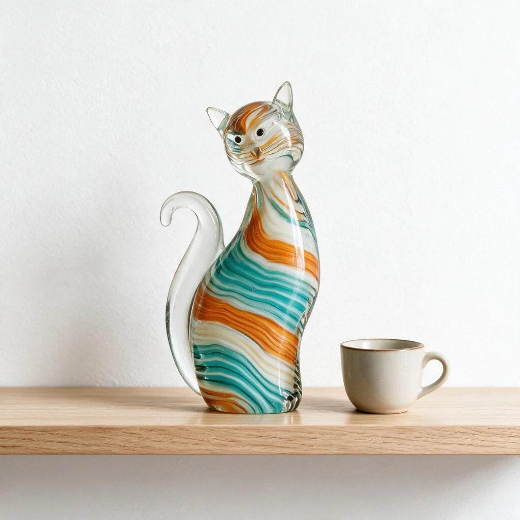 Seated Cat Figurine — Hand-Worked Coloured Crystal · 20.5 cm