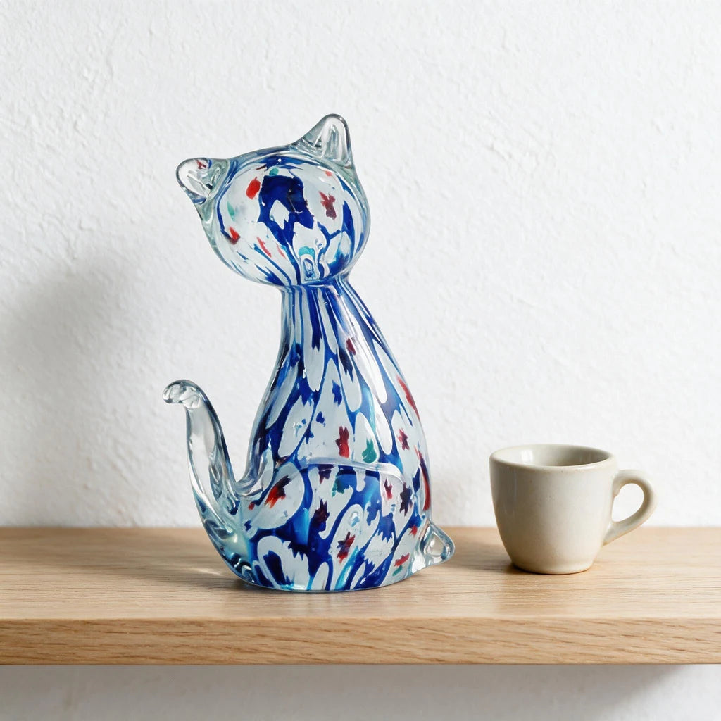 Cat Figurine — Murrine Coloured Crystal · 8.5×4.5×12 cm