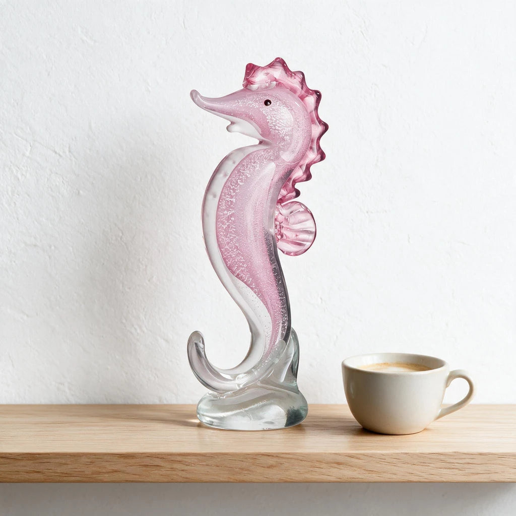 Pink Seahorse Figurine — Hand-Worked Crystal · 9.5×6×21.5 cm