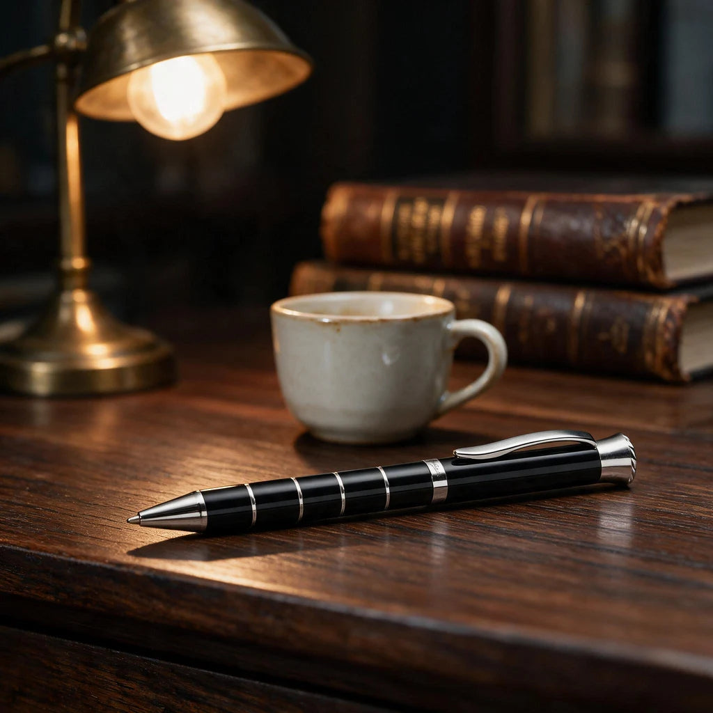 Ribbed Ballpoint Pen — Black and Chrome
