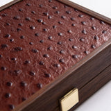 PLASTIC COATED PLAYING CARDS in Brown Leather Ostrich tote wooden case by Manopoulos - Close-up