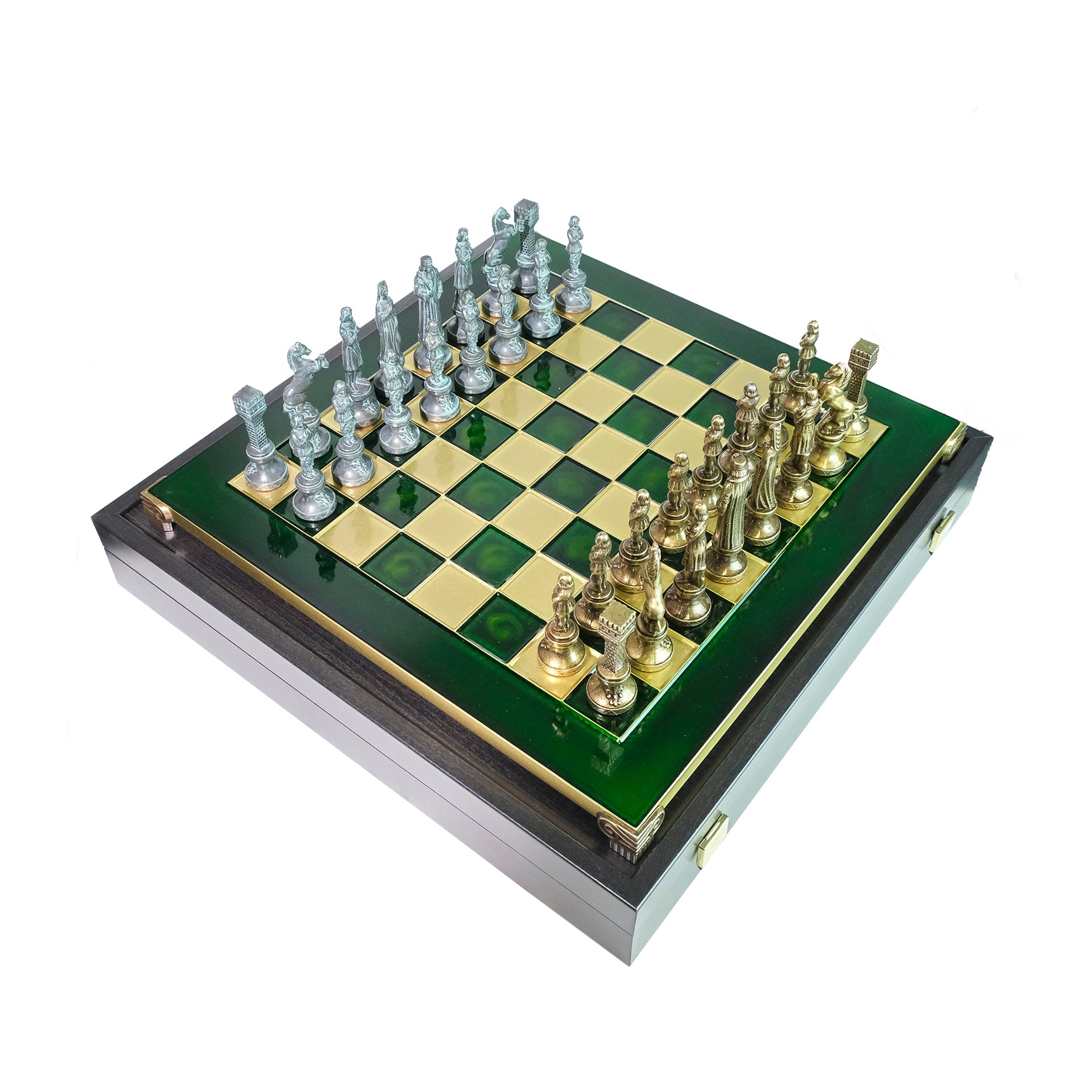 مجموعة شطرنج معدنية فاخرة باللونين الأخضر والذهبي