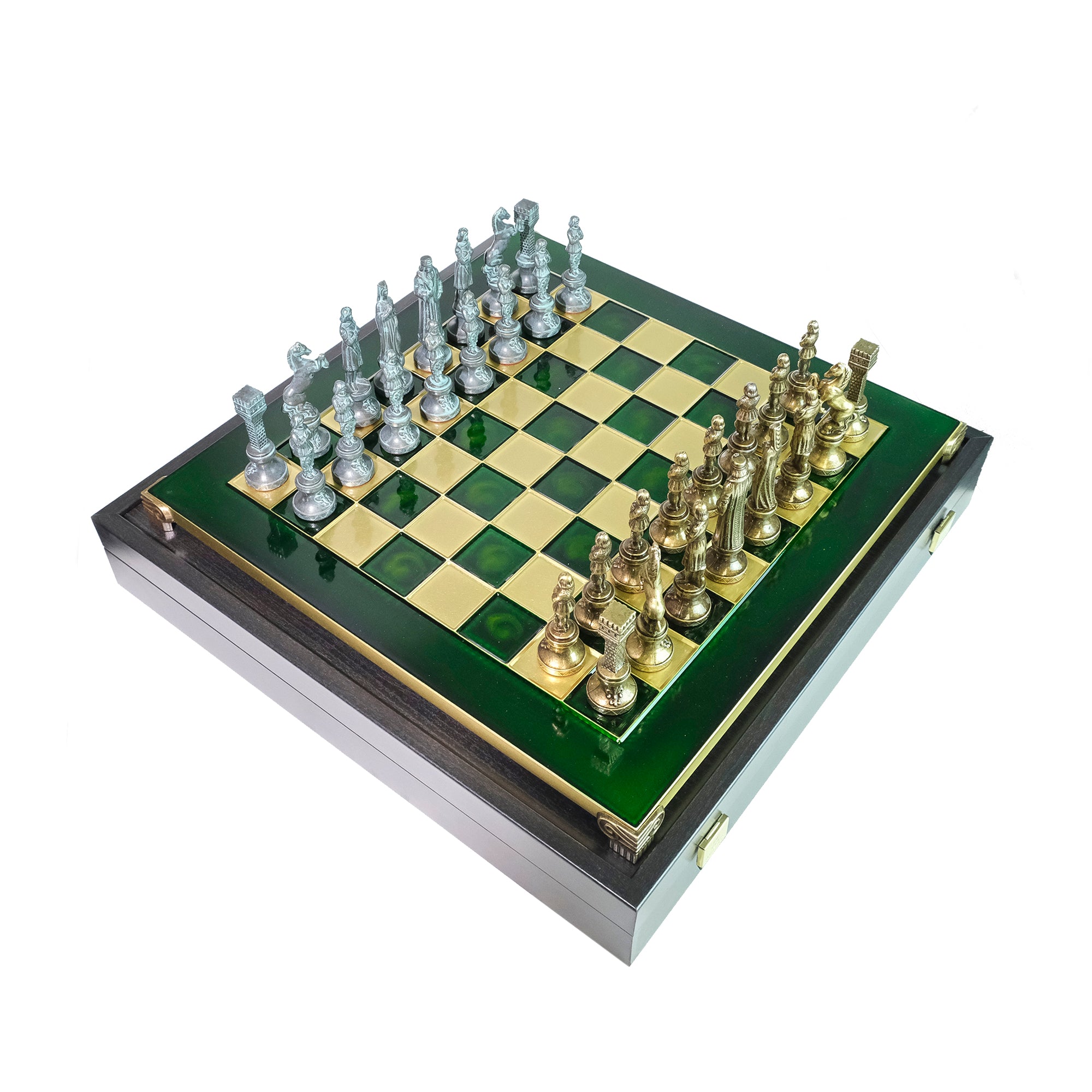 مجموعة شطرنج معدنية فاخرة باللونين الأخضر والذهبي