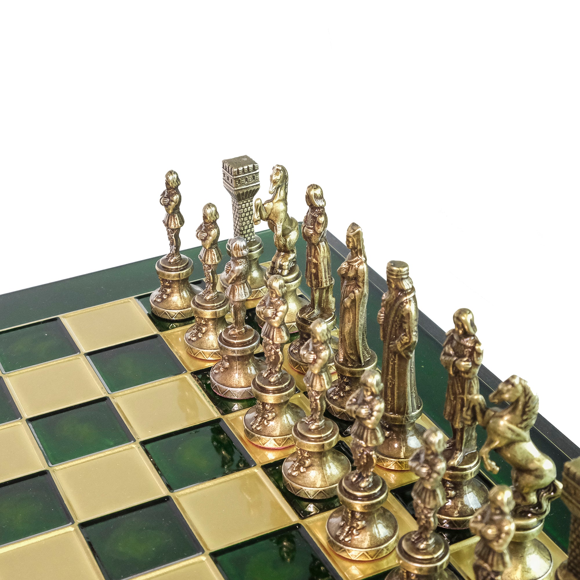 مجموعة شطرنج معدنية فاخرة باللونين الأخضر والذهبي