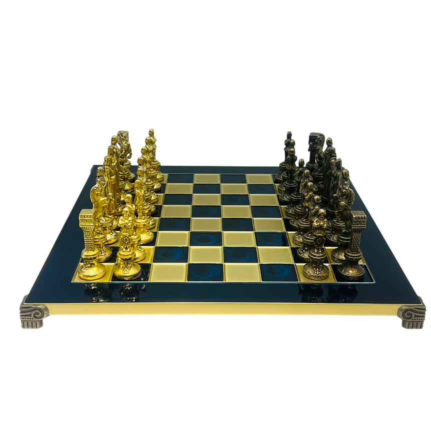 مجموعة شطرنج معدنية فاخرة باللونين الأزرق والذهبي